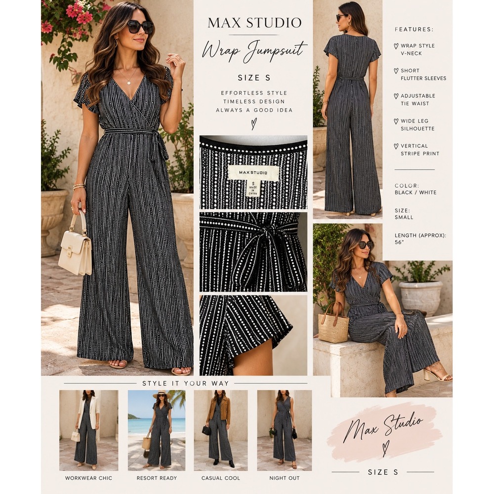 Max Studio Wrap Jumpsuit Small Black White Stripe Flutter Sleeve Wide Leg Pocket